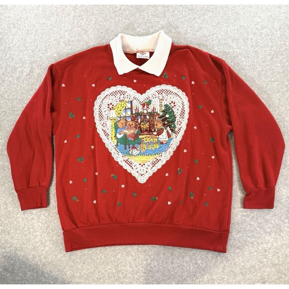 NutCracker Tops - VTG Sweatshirt NutCracker Red Collared Teddy Bear Lace Heart Cottage Grandma M/L